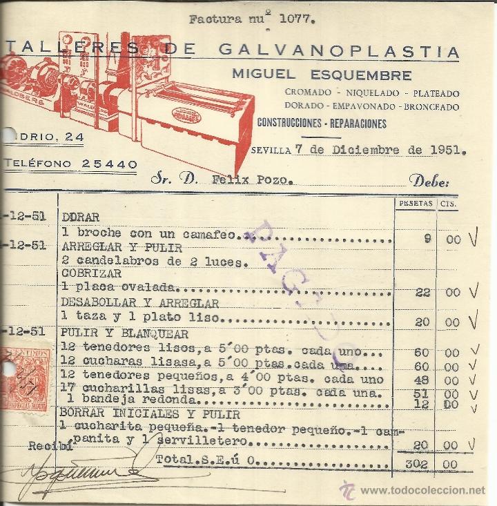 Alte Rechnungen: FACTURA DE MIGUEL ESQUEMBRE. TALLERES DE GALVANOPLASTIA. SEVILLA. 1951