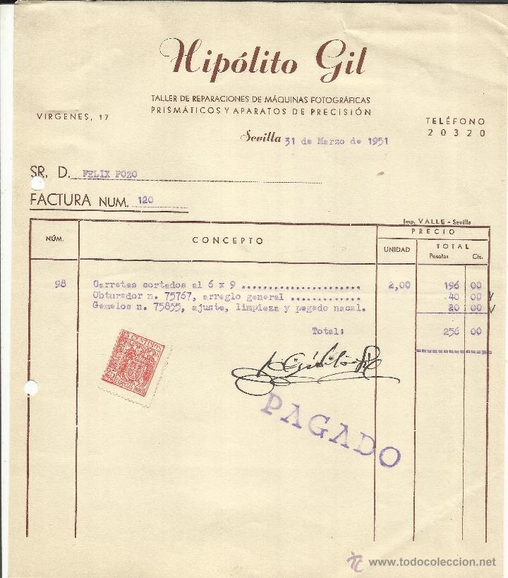 Alte Rechnungen: FACTURA DE HIP&Oacute;LITO GIL. TALLER DE REPARACIONES DE M&Aacute;QUINAS FOTOGR&Aacute;FICAS. SEVILLA. 1951