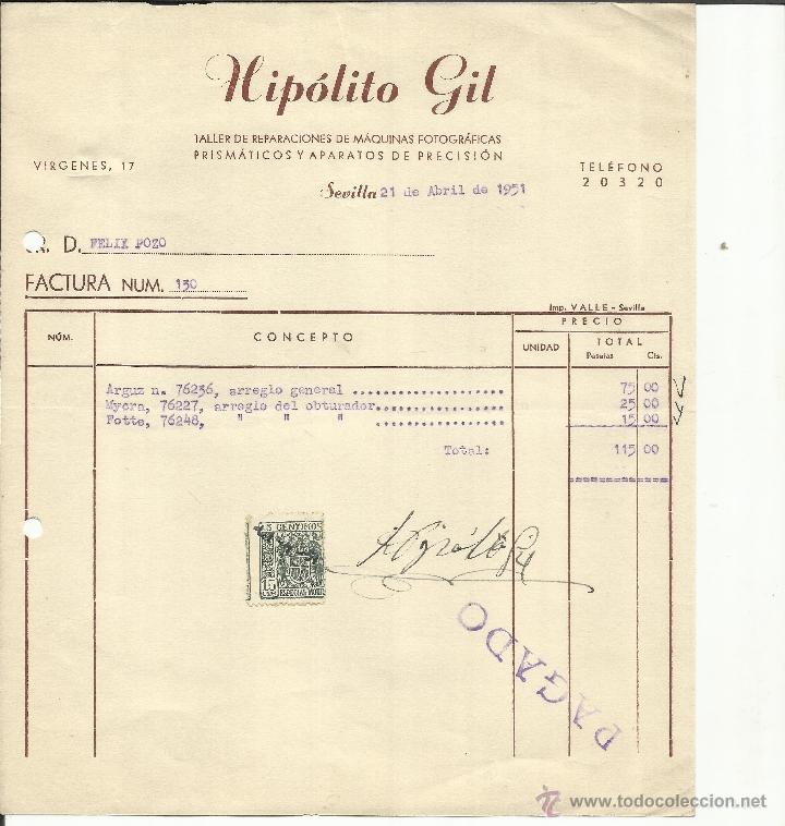 Alte Rechnungen: FACTURA DE HIP&Oacute;LITO GIL. TALLER DE REPARACIONES DE M&Aacute;QUINAS FOTOGR&Aacute;FICAS. SEVILLA. 1951