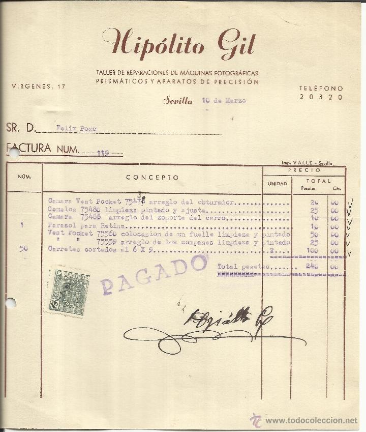 Alte Rechnungen: FACTURA DE HIP&Oacute;LITO GIL. TALLER DE REPARACIONES DE M&Aacute;QUINAS FOTOGR&Aacute;FICAS. SEVILLA.
