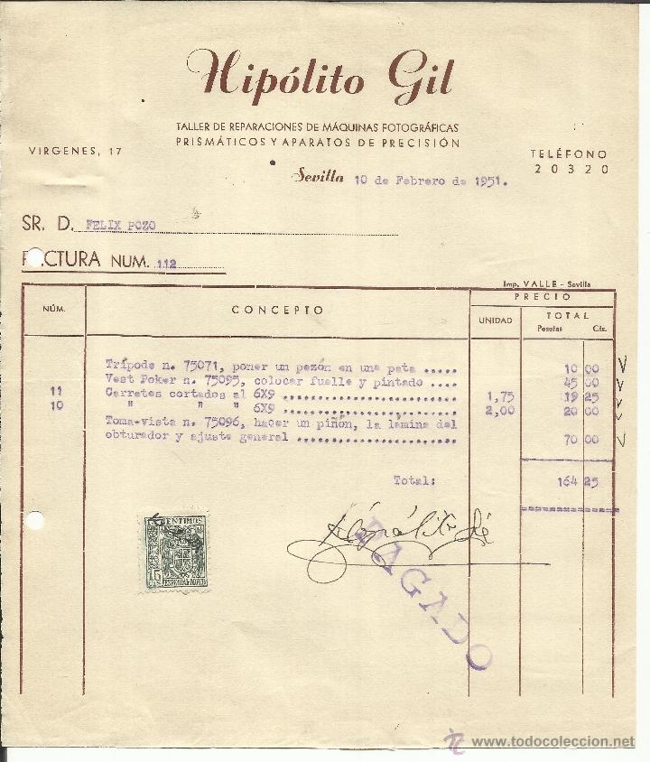 Alte Rechnungen: FACTURA DE HIP&Oacute;LITO GIL. TALLER DE REPARACIONES DE M&Aacute;QUINAS FOTOGR&Aacute;FICAS. SEVILLA. 1951