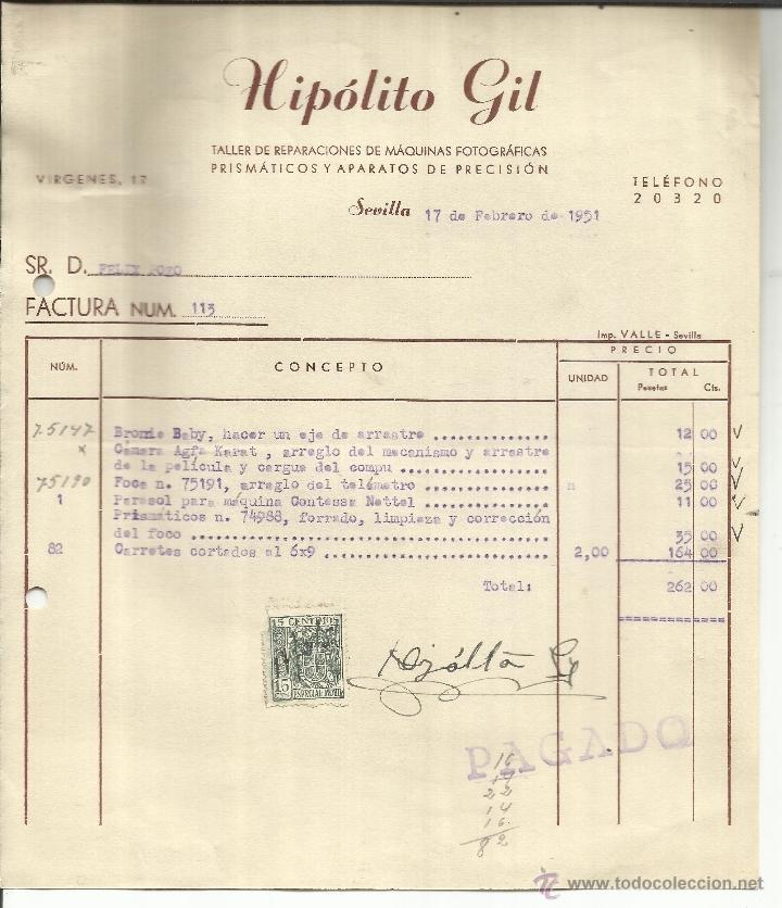 Alte Rechnungen: FACTURA DE HIP&Oacute;LITO GIL. TALLER DE REPARACIONES DE M&Aacute;QUINAS FOTOGR&Aacute;FICAS. SEVILLA. 1951