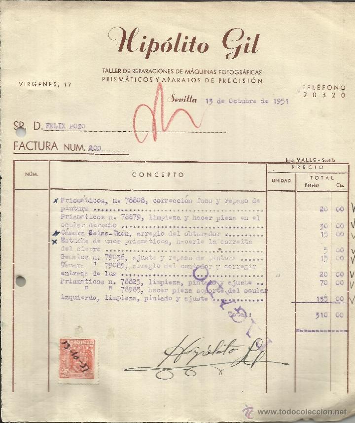 Alte Rechnungen: FACTURA DE HIP&Oacute;LITO GIL. TALLER DE REPARACIONES DE M&Aacute;QUINAS FOTOGR&Aacute;FICAS. SEVILLA. 1951