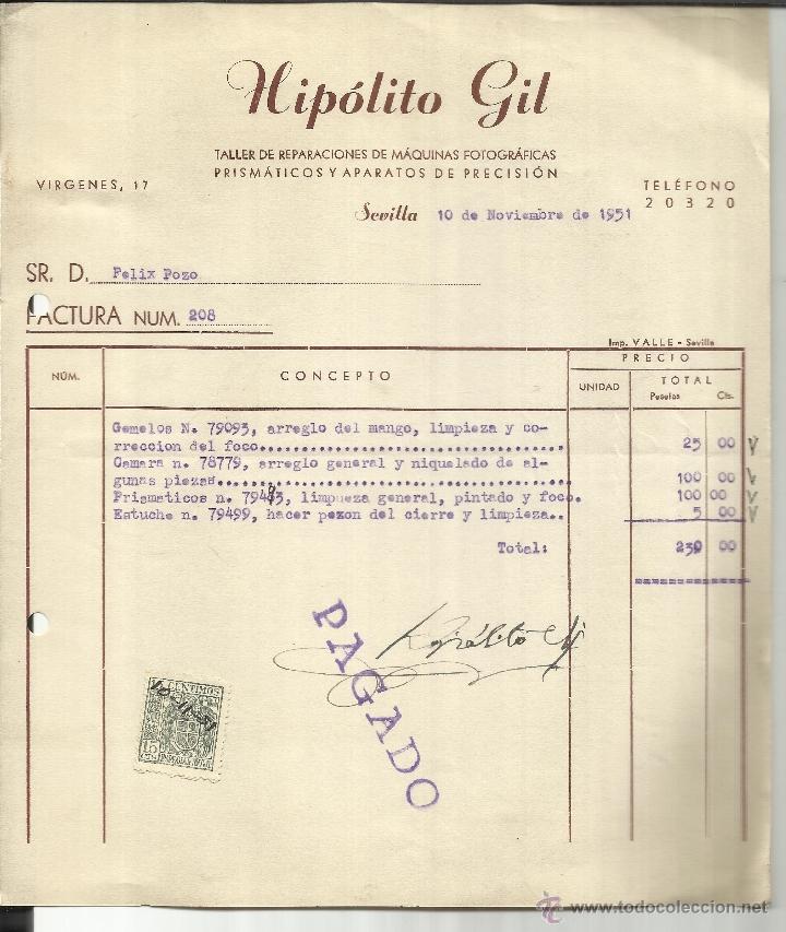 Alte Rechnungen: FACTURA DE HIP&Oacute;LITO GIL. TALLER DE REPARACIONES DE M&Aacute;QUINAS FOTOGR&Aacute;FICAS. SEVILLA. 1951