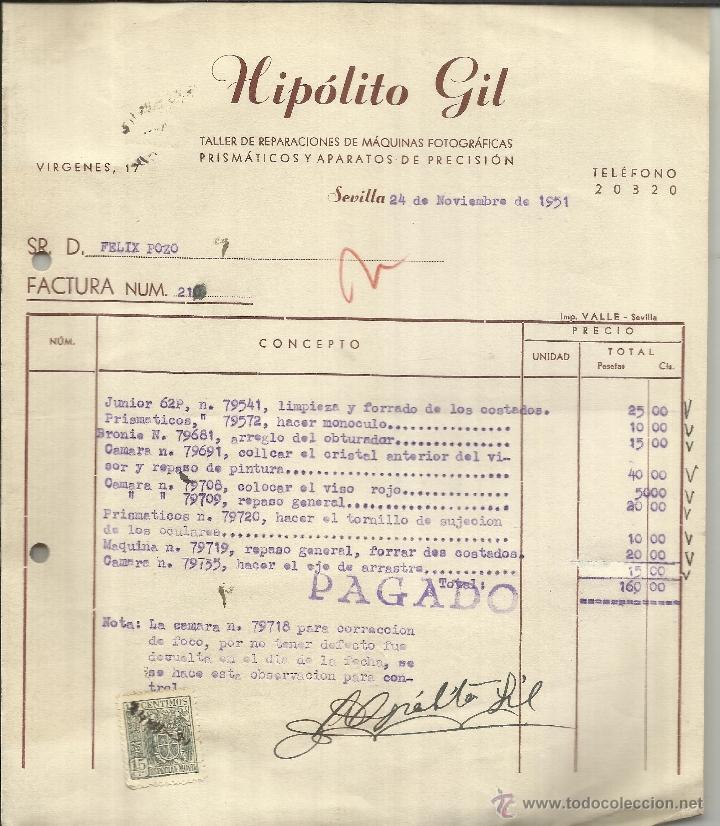 Facturas antiguas: FACTURA DE HIP&Oacute;LITO GIL. TALLER DE REPARACIONES DE M&Aacute;QUINAS FOTOGR&Aacute;FICAS. SEVILLA. 1951