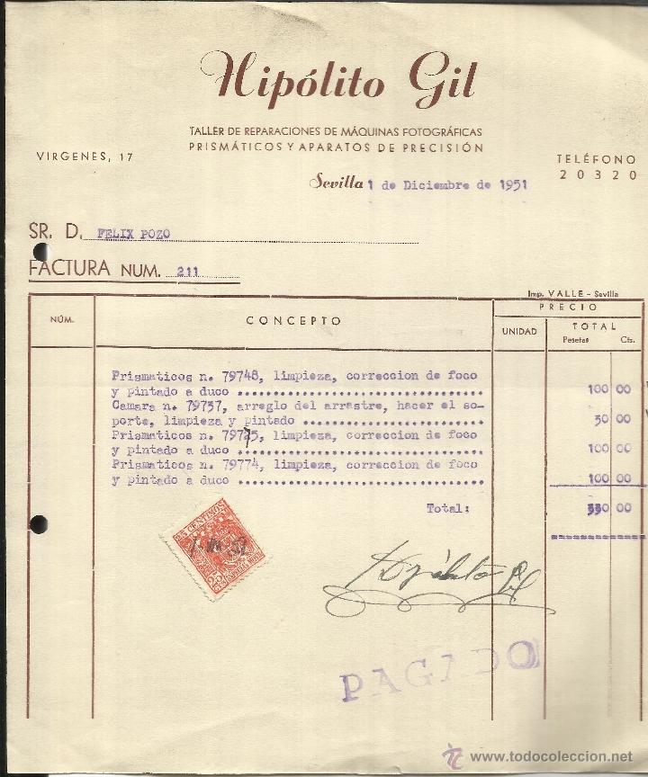 Facturas antiguas: FACTURA DE HIP&Oacute;LITO GIL. TALLER DE REPARACIONES DE M&Aacute;QUINAS FOTOGR&Aacute;FICAS. SEVILLA. 1951