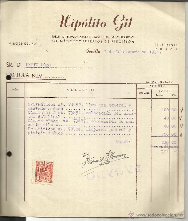 Facturas antiguas: FACTURA DE HIP&Oacute;LITO GIL. TALLER DE REPARACIONES DE M&Aacute;QUINAS FOTOGR&Aacute;FICAS. SEVILLA. 1951