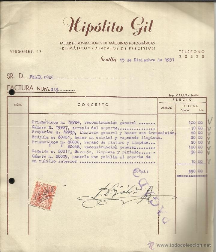 Facturas antiguas: FACTURA DE HIP&Oacute;LITO GIL. TALLER DE REPARACIONES DE M&Aacute;QUINAS FOTOGR&Aacute;FICAS. SEVILLA. 1951