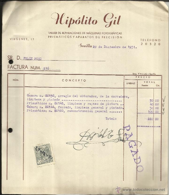 Facturas antiguas: FACTURA DE HIP&Oacute;LITO GIL. TALLER DE REPARACIONES DE M&Aacute;QUINAS FOTOGR&Aacute;FICAS. SEVILLA. 1951