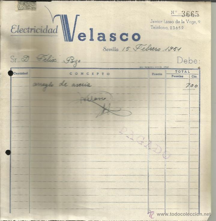 Facturas antiguas: FACTURA DE ELECTRICIDAD VELASCO. SEVILLA. 1951