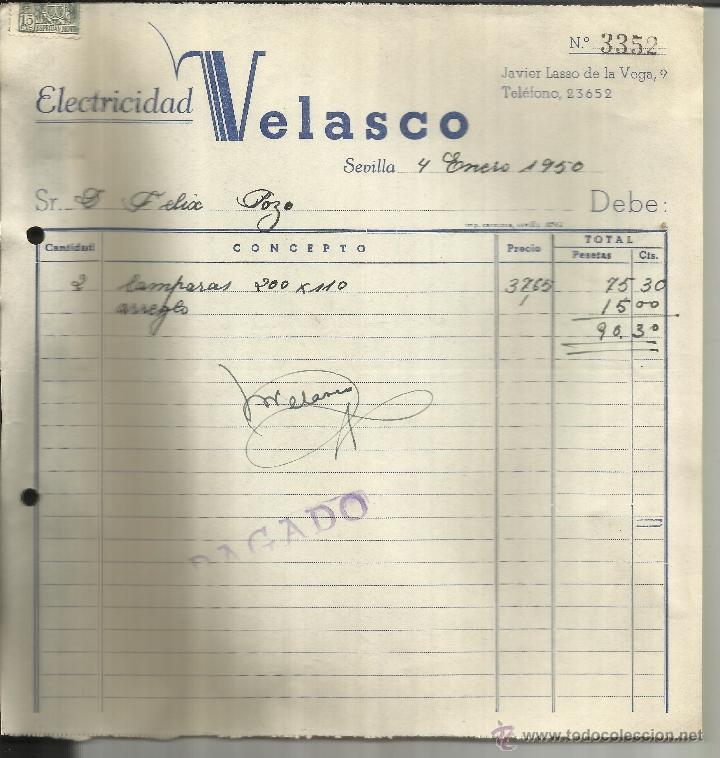 Facturas antiguas: FACTURA DE ELECTRICIDAD VELASCO. SEVILLA. 1951