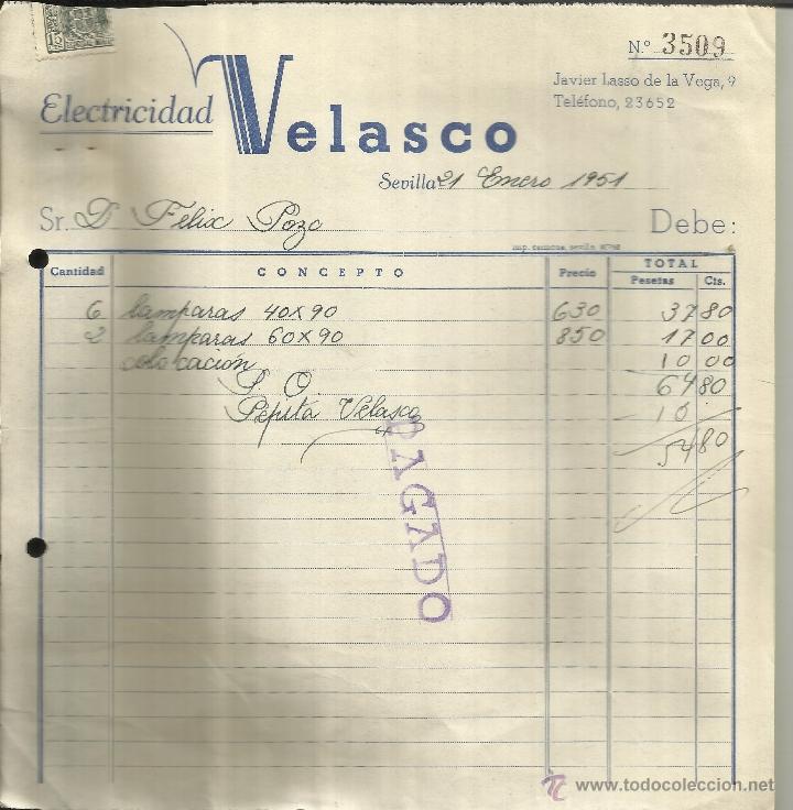 Facturas antiguas: FACTURA DE ELECTRICIDAD VELASCO. SEVILLA. 1951