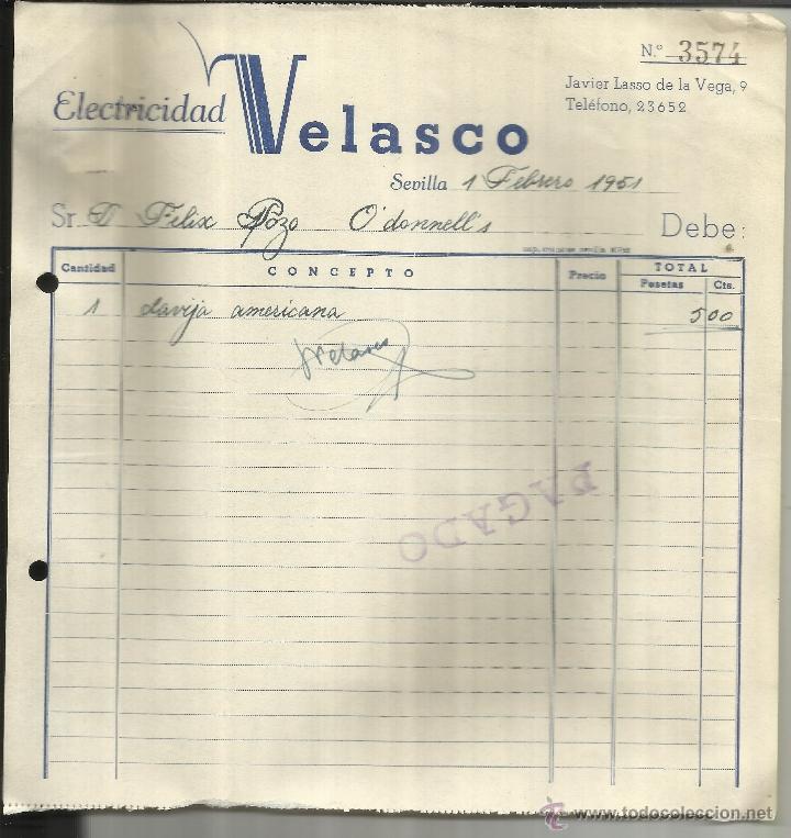 Facturas antiguas: FACTURA DE ELECTRICIDAD VELASCO. SEVILLA. 1951