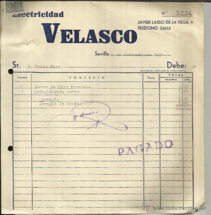 Facturas antiguas: FACTURA DE ELECTRICIDAD VELASCO. SEVILLA. 1951