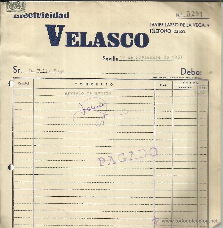 Facturas antiguas: FACTURA DE ELECTRICIDAD VELASCO. SEVILLA. 1951