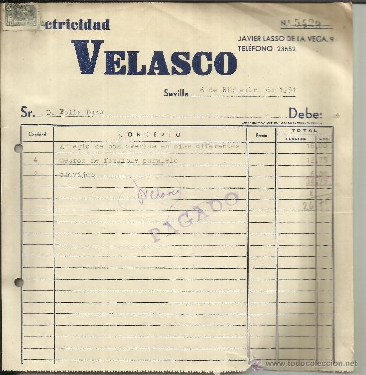 Facturas antiguas: FACTURA DE ELECTRICIDAD VELASCO. SEVILLA. 1951