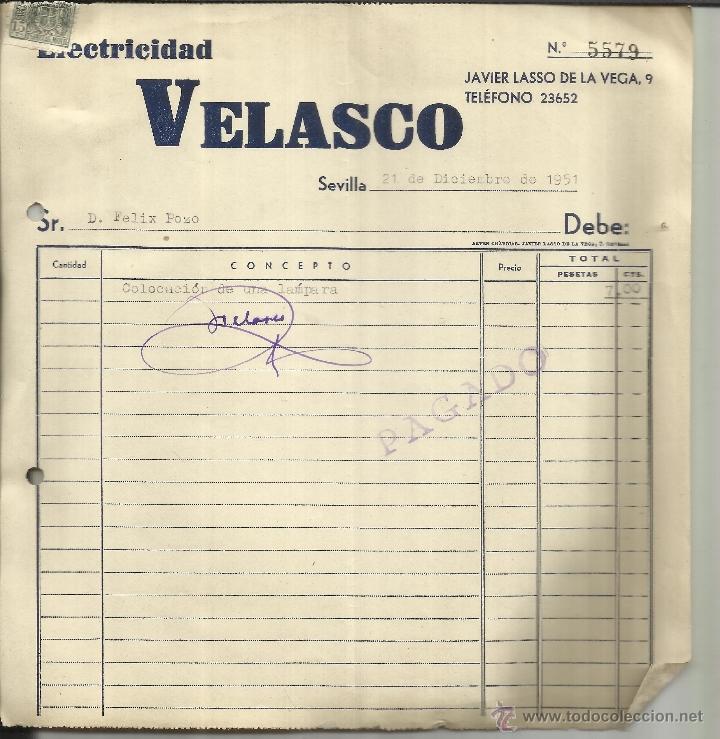 Facturas antiguas: FACTURA DE ELECTRICIDAD VELASCO. SEVILLA. 1951