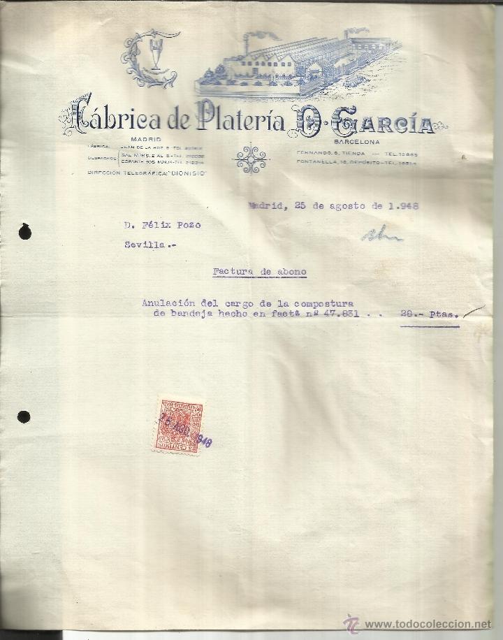 Facturas antiguas: FACTURA DE D. GARC&Iacute;A. F&Aacute;BRICA DE PLATER&Iacute;A. MADRID. 1948