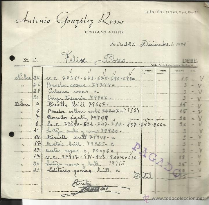 Fatture antiche: FACTURA DE ANTONIO GONZ&Aacute;LEZ ROSSO. ENGASTADOR. SEVILLA. 1951