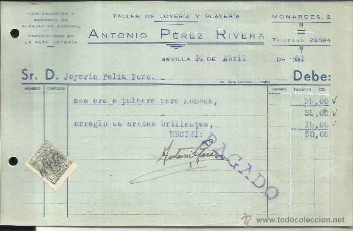 Fatture antiche: FACTURA DE ANTONIO P&Eacute;REZ RIVERA. TALLER DE JOYER&Iacute;A Y PLATER&Iacute;A. SEVILLA. 1951