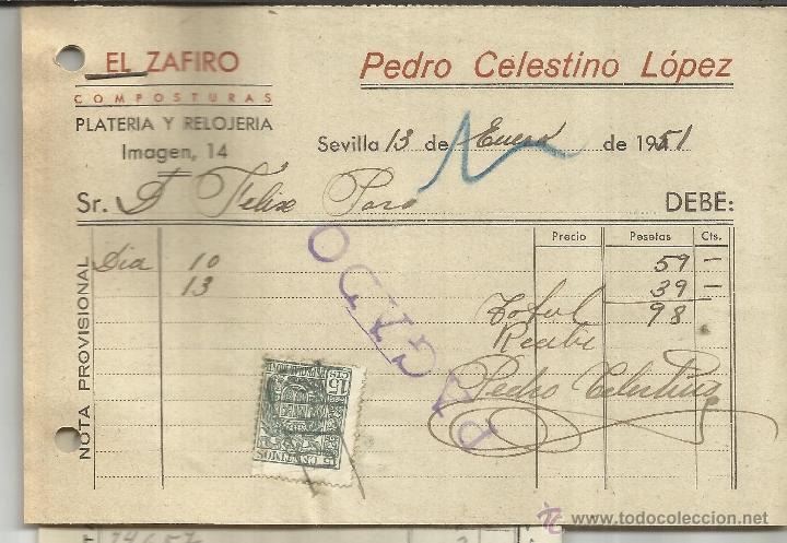Fatture antiche: FACTURA DE PEDRO CELESTINO L&Oacute;PEZ. EL ZAFIRO. PLATER&Iacute;A Y JOYER&Iacute;A. SEVILLA. 1951
