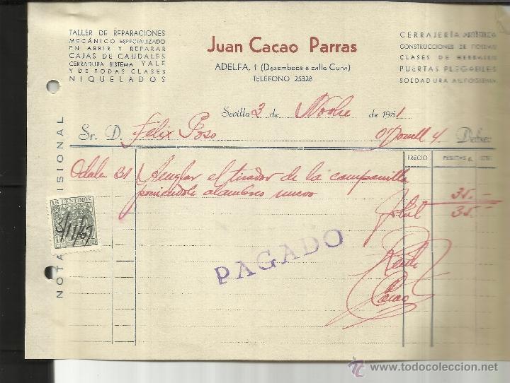 Fatture antiche: FACTURA DE JUAN CACAO PARRAS. CERRAJER&Iacute;A. HERRAJES. SEVILLA. 1951