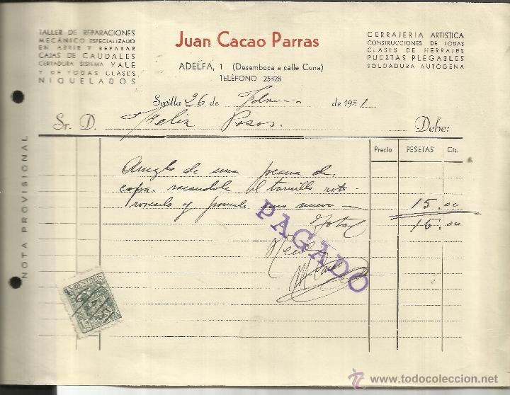 Fatture antiche: FACTURA DE JUAN CACAO PARRAS. CERRAJER&Iacute;A. HERRAJES. SEVILLA. 1951