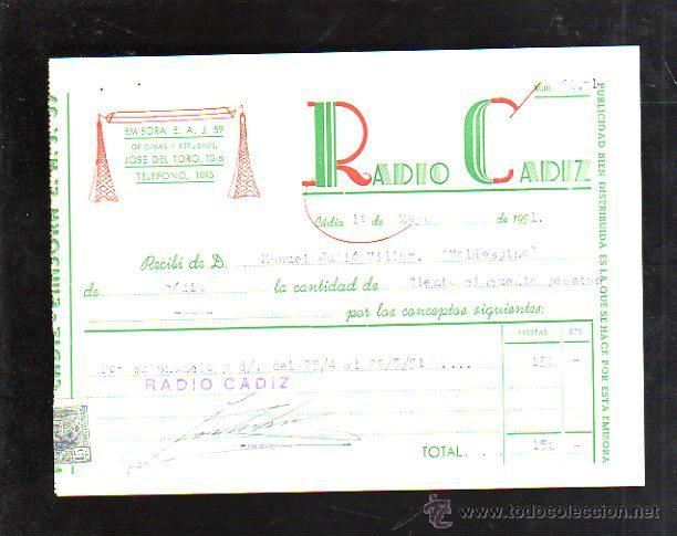 Fatture antiche: FACTURA DE RADIO CADIZ. PUBLICIDAD. CADIZ. 1951.