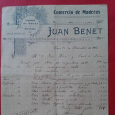 Facturas antiguas: ANTIGUA FACTURA DE COMERCIO DE MADERAS JUAN BENET. TONA. 1913.. Lote 45077096