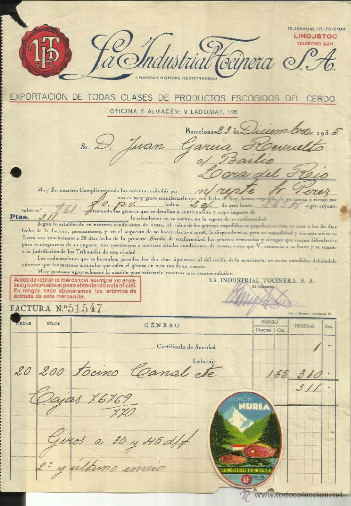 Fatture antiche: FACTURA DE LA INDUSTRIAL TOCINERA S.A. PRODUCTOS DEL CERDO. BARCELONA. 1935