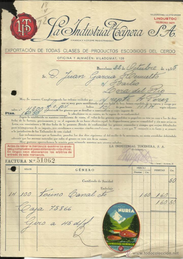 Fatture antiche: FACTURA DE LA INDUSTRIAL TOCINERA S.A. PRODUCTOS DEL CERDO. BARCELONA. 1935