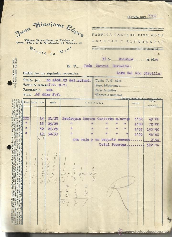 Fatture antiche: FACTURA DE JUAN HINOJOSA L&Oacute;PEZ. F&Aacute;BRICA DE CALZADO, ABARCAS Y ALPARGATAS.ALCAL&Aacute; DE LA REAL.JAEN.1935