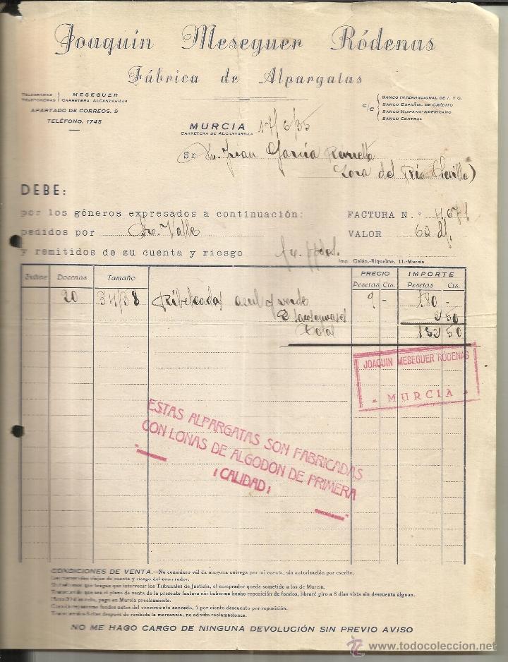 Fatture antiche: FACTURA DE JOAQU&Iacute;N MESEGUER R&Oacute;DENAS. F&Aacute;BRICA DE ALPARGATAS. MURCIA. 1935