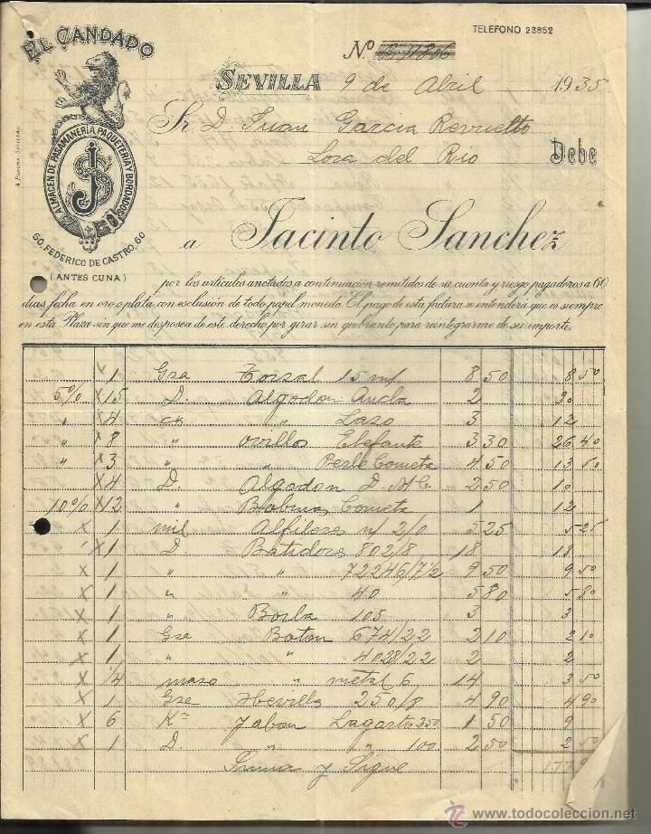 Fatture antiche: FACTURA DE JACINTOS S&Aacute;NCHEZ. EL CANDADO. SEVILLA. 1935
