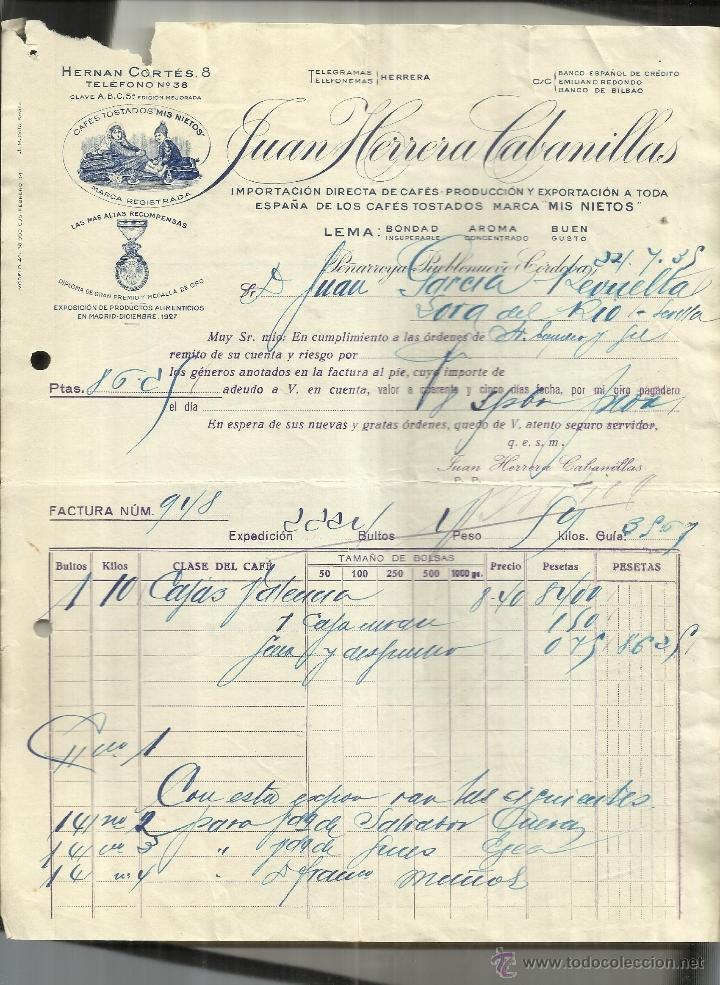 Fatture antiche: FACTURA DE JUAN HERRERA CABANILLAS. MARCA MIS NIETOS. PE&Ntilde;ARROYA-PUEBLONUEVO. C&Oacute;RDOBA. 1935