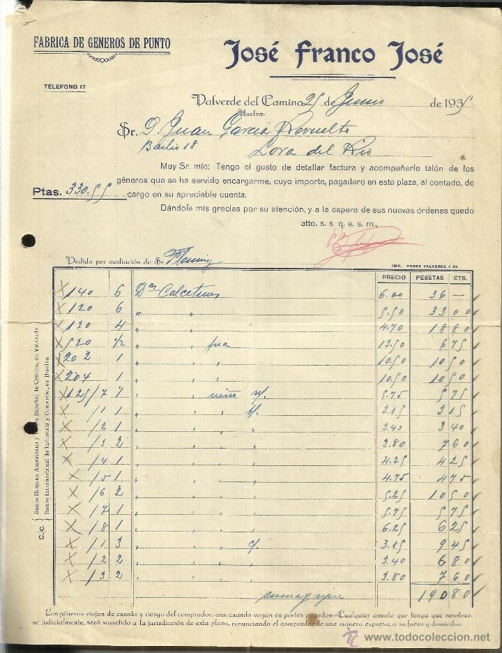 Fatture antiche: FACTURA DE JOS&Eacute; FRANCO JOS&Eacute;. F&Aacute;BRICA DE G&Eacute;NEROS DE PUNTO. VALVERDE DEL CAMINO. HUELVA. 1935