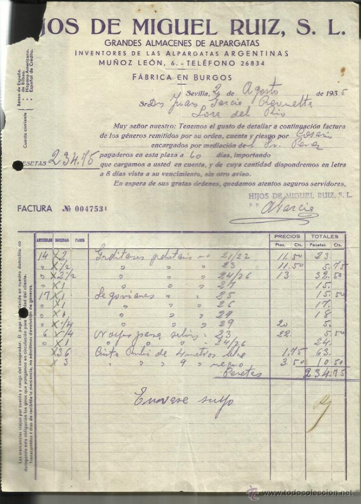 Fatture antiche: FACTURA DE HIJOS DE MIGUEL RUIZ, S.L. INVENTORES DE LA ALPARGATAS ARGENTINAS. SEVILLA. 1935