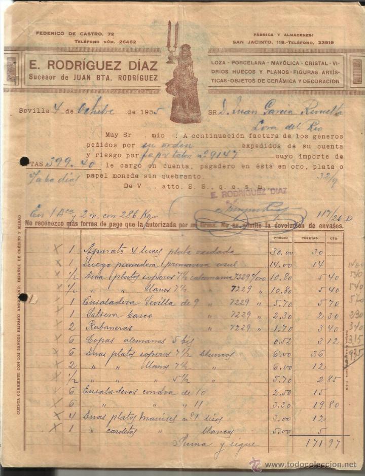 Fatture antiche: FACTURA DE E. RODR&Iacute;GUEZ. SUCESOR DE JUAN BTA. RODR&Iacute;GUEZ. LOZA. PORCELANA. SEVILLA. 1935