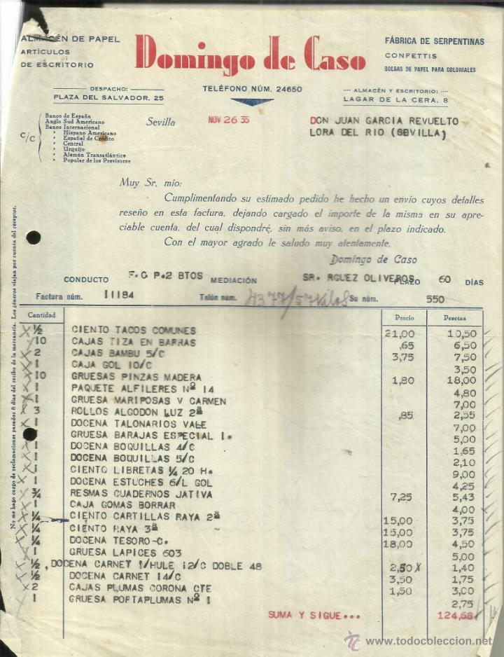 Fatture antiche: FACTURA DE DOMINGO DE CASO. ALMAC&Eacute;N DE PAPEL. SERPENTINAS. CONFETTIS. SEVILLA. 1935
