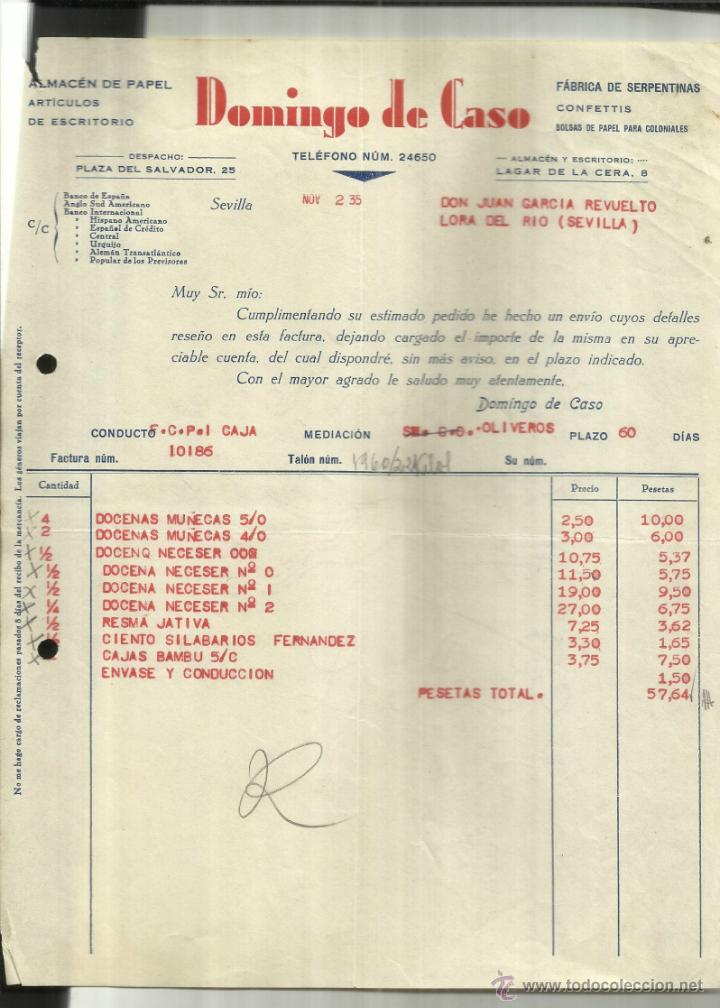 Fatture antiche: FACTURA DE DOMINGO DE CASO. ALMAC&Eacute;N DE PAPEL. SERPENTINAS. CONFETTIS. SEVILLA. 1935