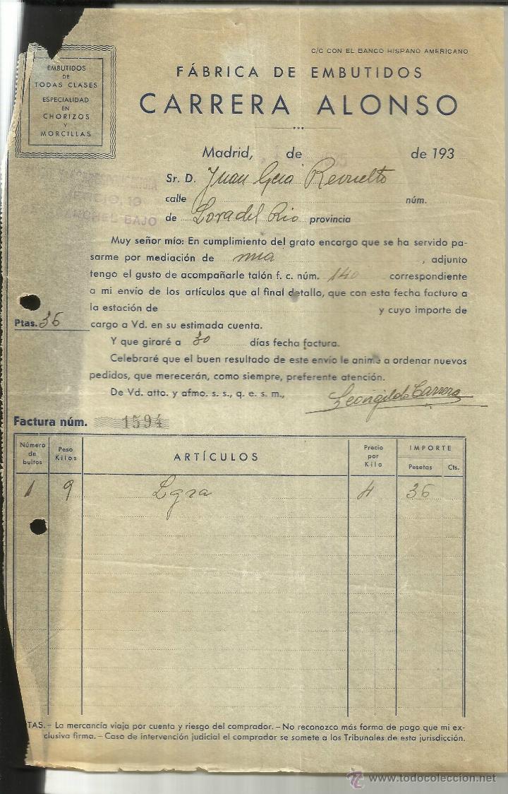 Fatture antiche: FACTURA DE CARRERA ALONSO. F&Aacute;BRICA DE EMBUTIDOS. ESPECIALIDAD EN CHORIZOS Y MORCILLAS. MADRID.