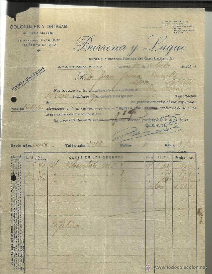 Fatture antiche: FACTURA DE BARRENA Y LUQUE. COLONIALES Y DROGAS AL POR MAYOR. C&Oacute;RDOBA. 1935