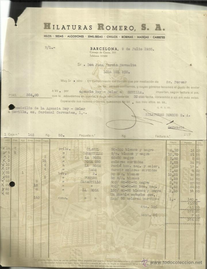 Fatture antiche: FACTURA DE HILATURAS ROMERO, S.A. HILOS, SEDAS, ALGODONIES. BARCELONA. 1935