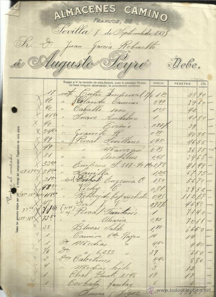 Old Invoices: FACTURA DE AGUSTO PEYR&Eacute;. ALMACENES CAMINO. SEVILLA. 1935