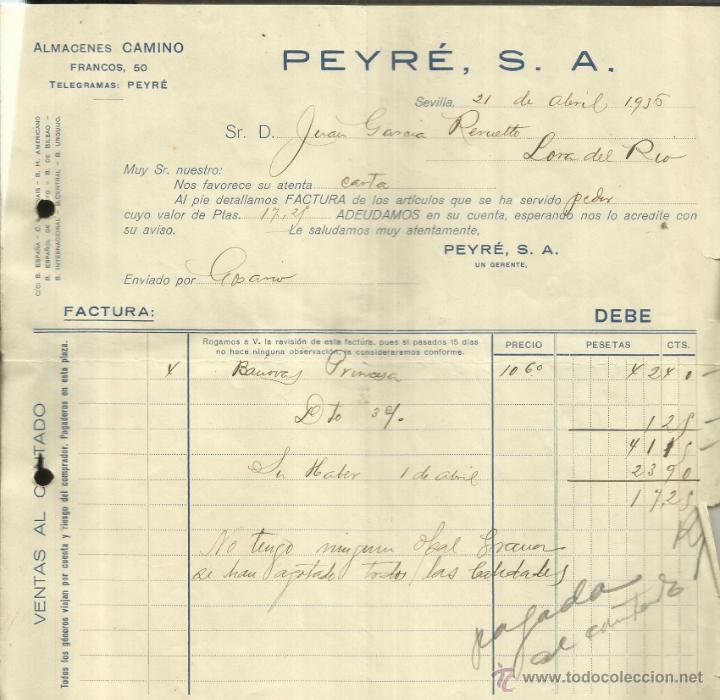 Old Invoices: FACTURA DE PEYR&Eacute;S, S.A. ALMACENES CAMINO.  SEVILLA. 1936