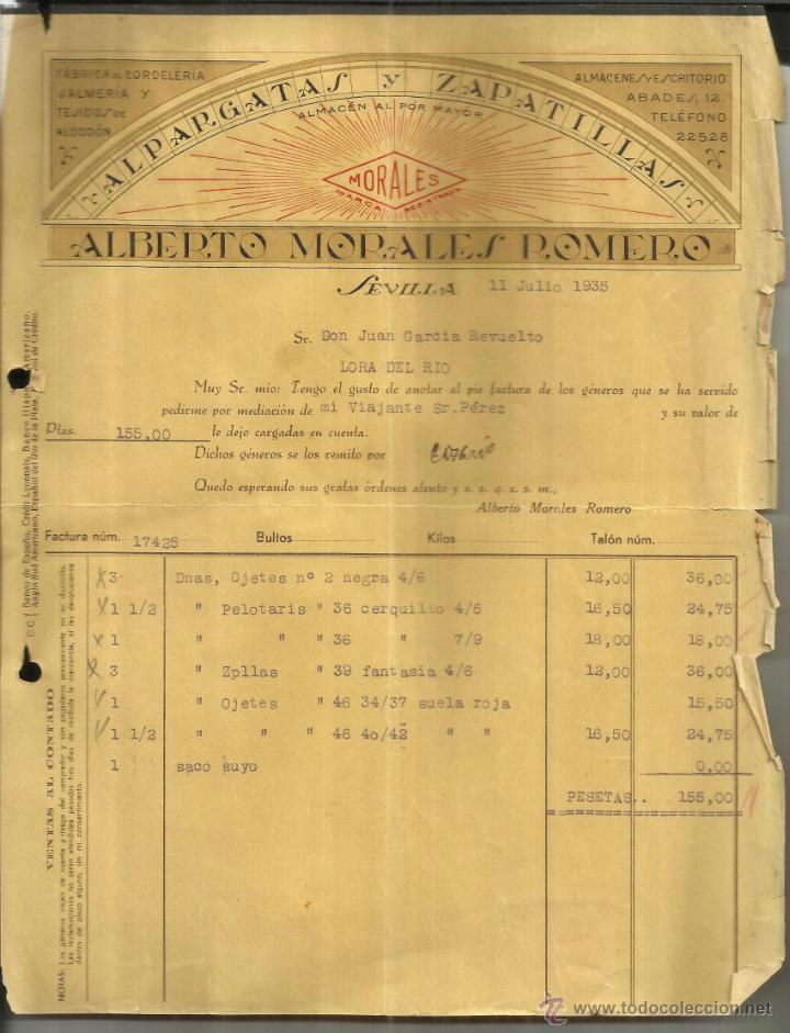 Old Invoices: FACTURA DE ALBERTO MORALES ROMERO. ALPARGATAS Y ZAPATILLAS. CORDELER&Iacute;A.  SEVILLA. 1935