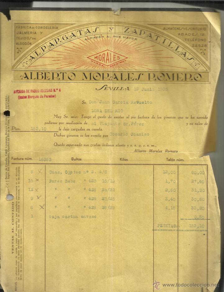 Old Invoices: FACTURA DE ALBERTO MORALES ROMERO. ALPARGATAS Y ZAPATILLAS. CORDELER&Iacute;A. SEVILLA. 1935