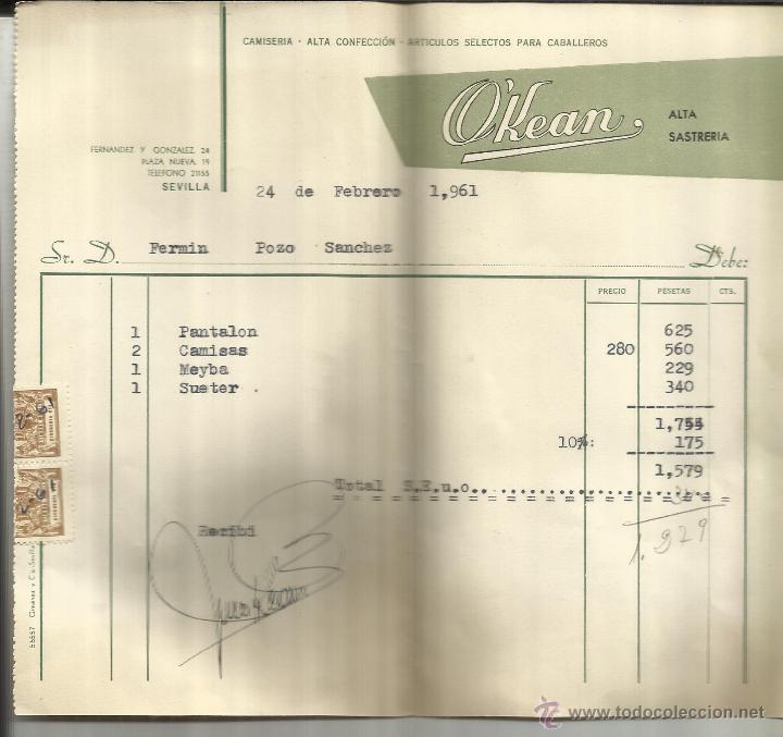 Old Invoices: FACTURA DE O'KEAN. ALTA SASTRER&Iacute;A. SEVILLA. 1961