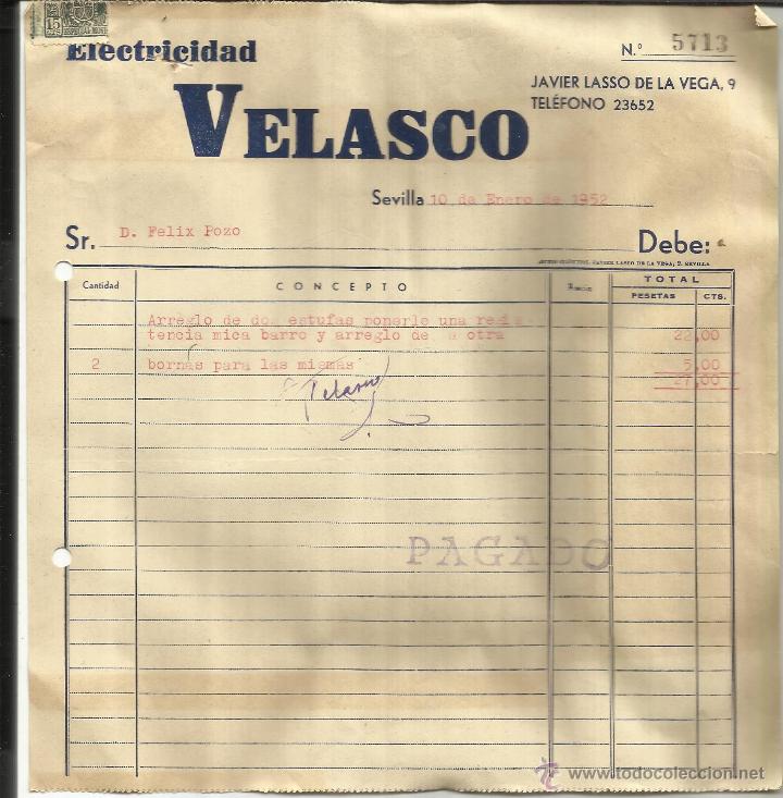 Old Invoices: FACTURA DE ELECTRICIDAD VELASCO. SEVILLA. 1952