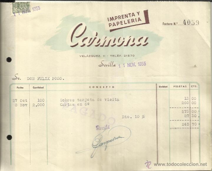 Old Invoices: FACTURA DE IMPRENTA Y PAPELER&Iacute;A CARMONA. SEVILLA. 1955
